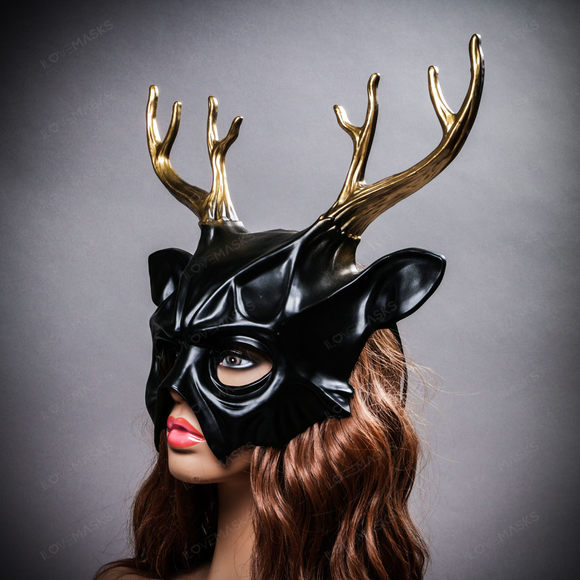 Antler Deer Gold Horn Devil Halloween Masquerade Mask - Black